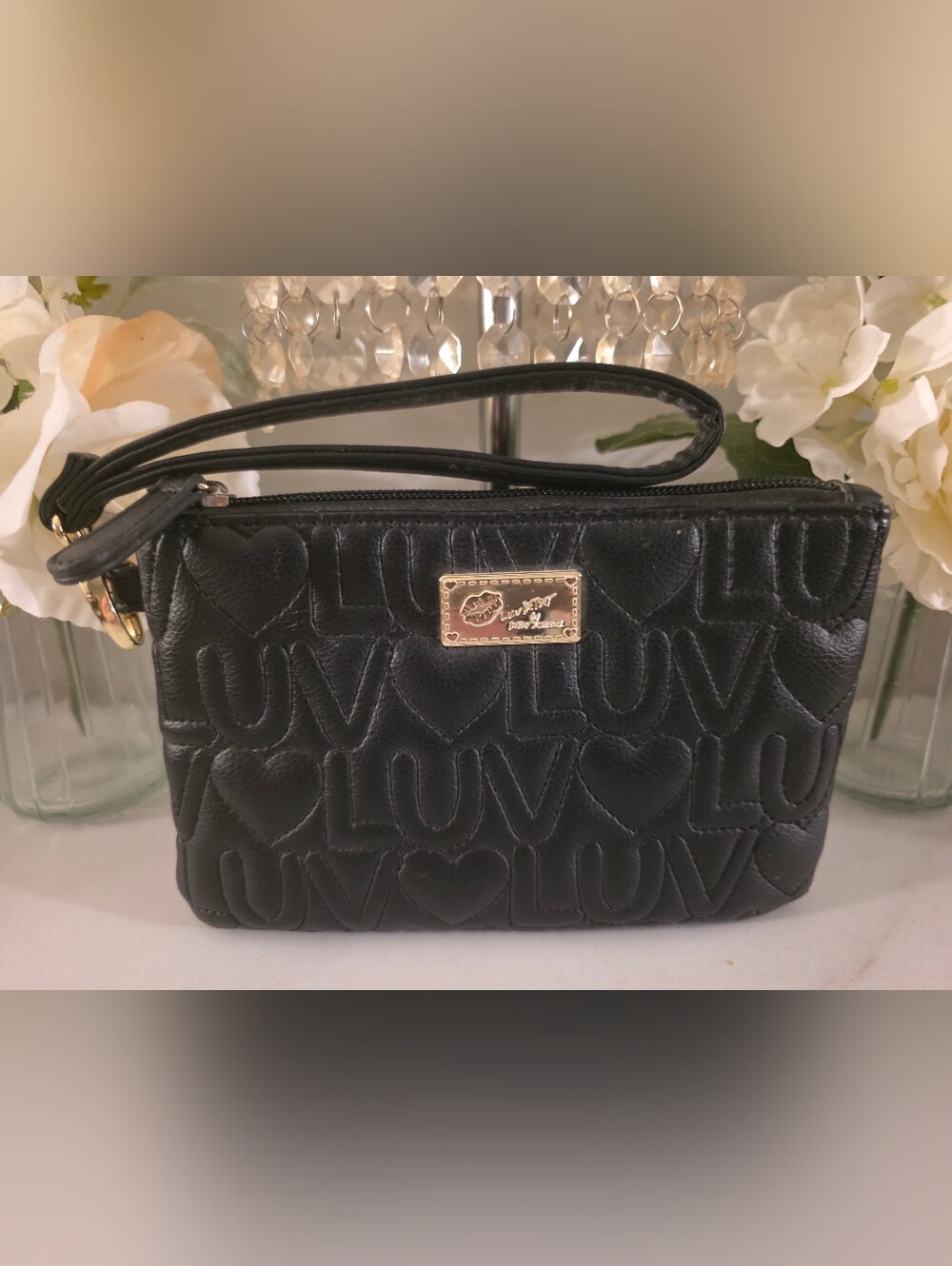Betsey Johnson Black Quilted 'LUV' Wristlet with Gold Plaque